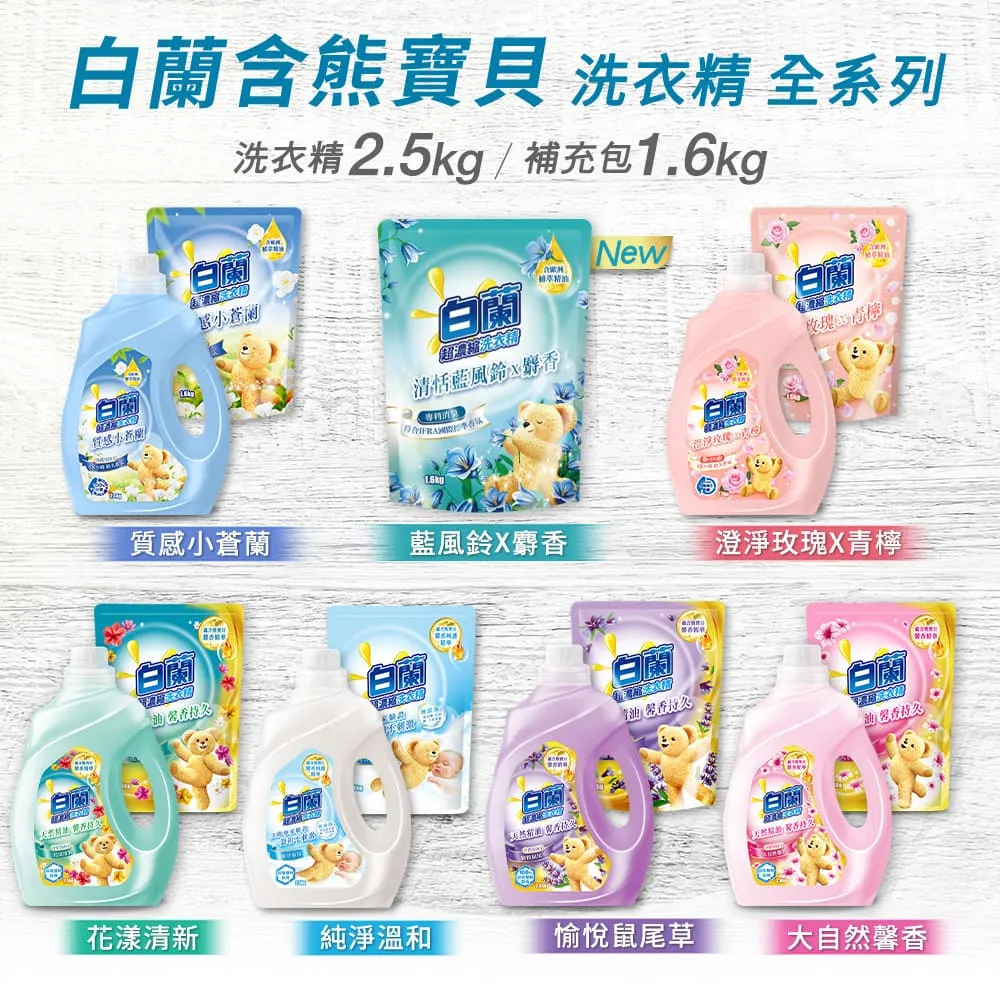 白蘭含熊寶貝馨香精華超濃縮洗衣精補充包_箱購1.6kgx6(多款任選)